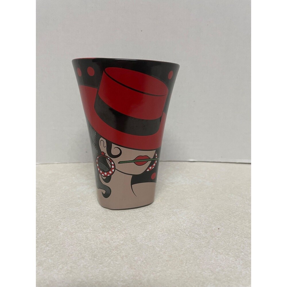 People HTC Art Deco Lady w/Red Hat And Rose Ceramic Mug Black & Red 8oz